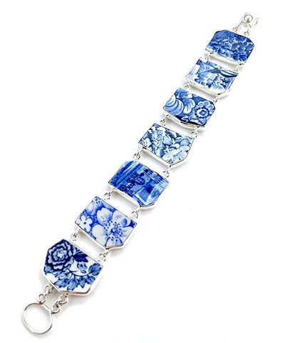 Blue & White Flower Vintage Pottery Double Link Shard Bracelet - 7 1/2