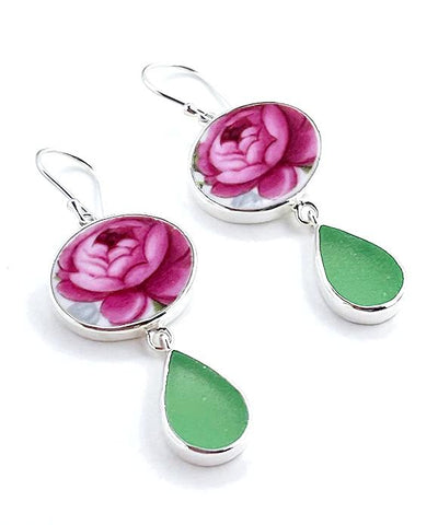 Big Oval Pink Rose Vintage Pottery with Green Sea Glass Double Drop Earrings