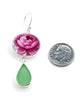 Big Oval Pink Rose Vintage Pottery with Green Sea Glass Double Drop Earrings