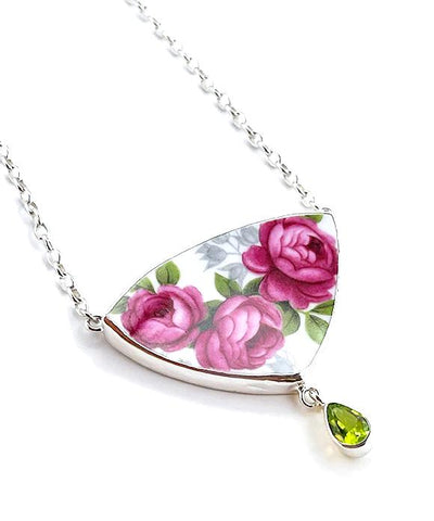 Three Pink Rose Vintage Pottery and Faceted Peridot Necklace