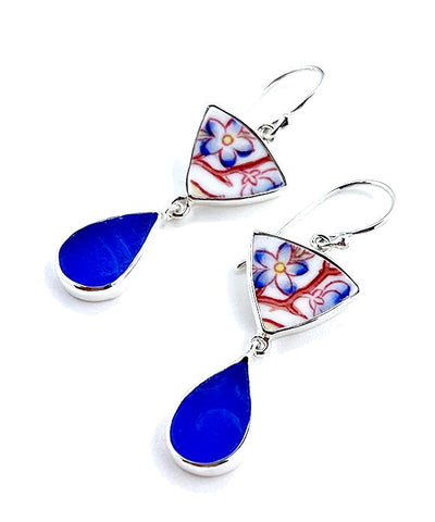 Blue with Red Flower Vintage Pottery with Blue Sea Glass Double Drop Earrings
