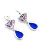 Blue with Red Flower Vintage Pottery with Blue Sea Glass Double Drop Earrings
