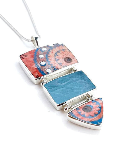 Bold Pink Spanish Pottery and Textured Aqua Sea Glass Triple Drop Barbell Necklace