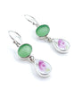 Soft Green Sea Glass with Delicate Rose Vintage Pottery Double Drop Earrings