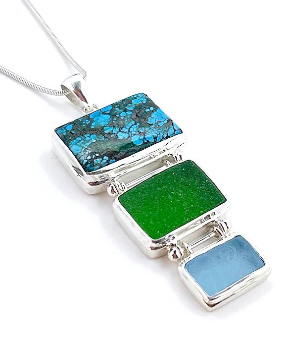 Large Turquoise with Green and Aqua Triple Drop Barbell Pendant
