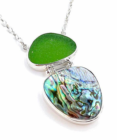 Green Sea Glass with Abalone Heavy Rim Barbell Necklace on Loop Chain