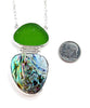 Green Sea Glass with Abalone Heavy Rim Barbell Necklace on Loop Chain