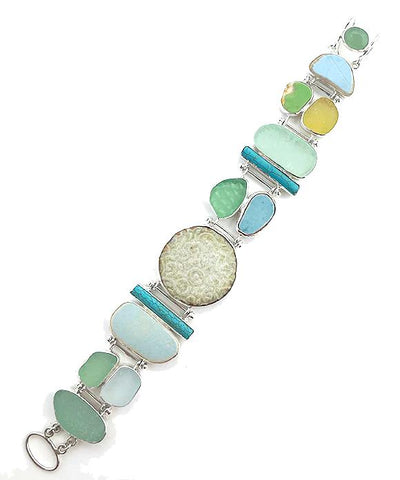 Shades of Aqua Sea Glass with Sea Pottery & Stone Cluster Bracelet - 8