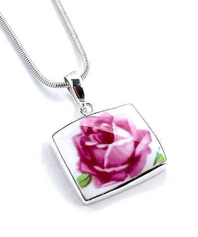 Small Rectangle Dark Pink Rose Simple Pendant on Silver Chain