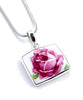 Small Rectangle Dark Pink Rose Simple Pendant on Silver Chain