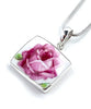 Small Rectangle Dark Pink Rose Simple Pendant on Silver Chain
