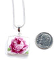 Small Rectangle Dark Pink Rose Simple Pendant on Silver Chain