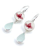 Red & White Leaf Vintage Pottery with Clear Sea Glass Double Drop Earrings