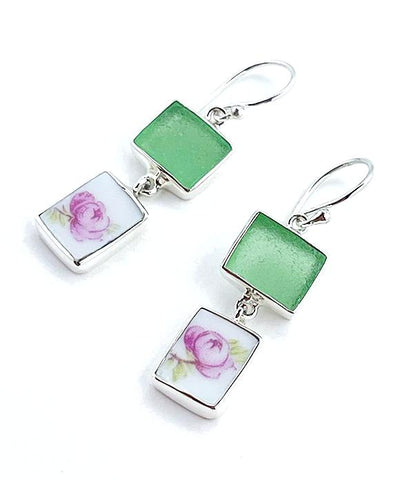 Soft Green Rectangle Sea Glass with Delicate Rose Vintage Pottery Double Drop Earrings