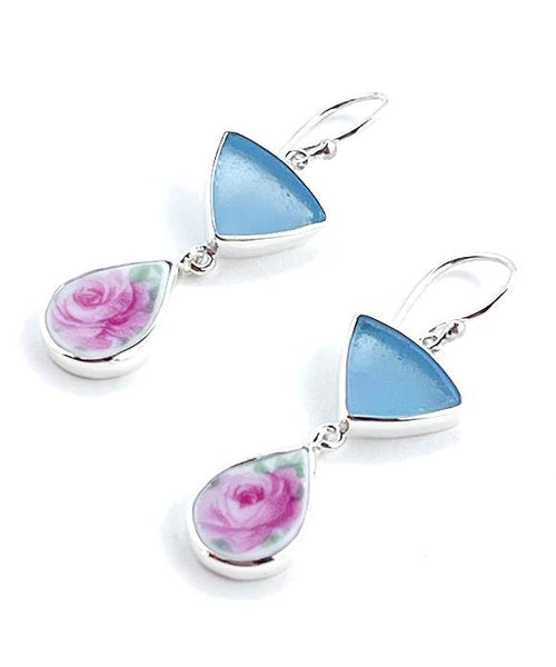 Light Blue Sea Glass with Rose Vintage Pottery Double Drop Earrings