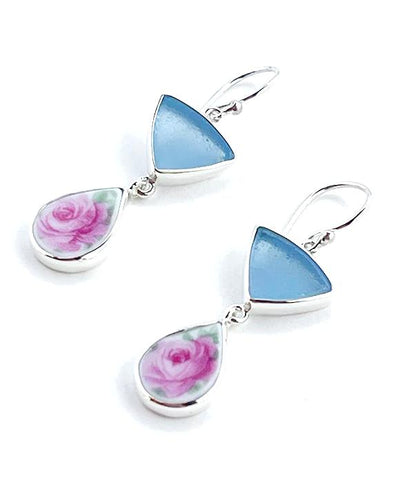 Light Blue Sea Glass with Rose Vintage Pottery Double Drop Earrings