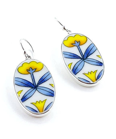 Large Modern Blue & Yellow Flower Vintage Pottery Oval Single Drop Earrings