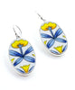 Large Modern Blue & Yellow Flower Vintage Pottery Oval Single Drop Earrings