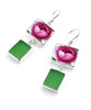 Pink Rose Rectangle Vintage Pottery with Green Sea Glass Double Drop Earrings