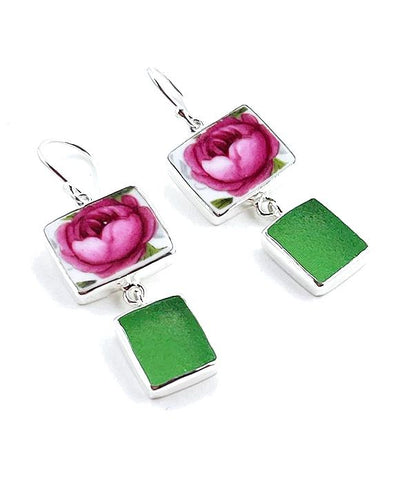 Pink Rose Rectangle Vintage Pottery with Green Sea Glass Double Drop Earrings