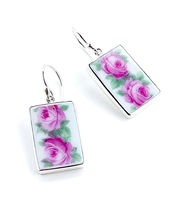 Double Pink Rose Vintage Pottery Rectangle Single Drop Earrings