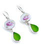 Simple Pink Rose Vintage Pottery with Green Sea Glass Double Drop Earrings
