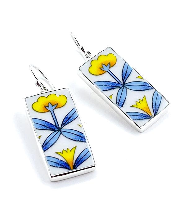 Large Modern Blue & Yellow Flower Vintage Pottery Rectangle Single Drop Earrings