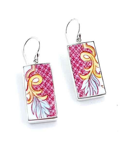 Aqua Leaf and Pink Pattern Vintage Pottery Large Rectangle Single Drop Earrings