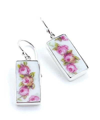 Triple Pink Rose Cluster Vintage Pottery Rectangle Single Drop Earrings