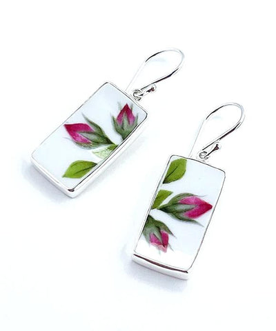 Double Rosebud Vintage Pottery Rectangle Single Drop Earrings