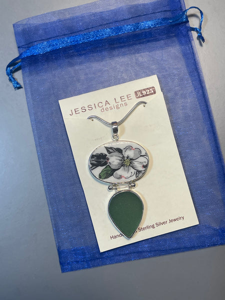 Black and White Flower Vintage Pottery with Olive Sea Glass Double Pendant