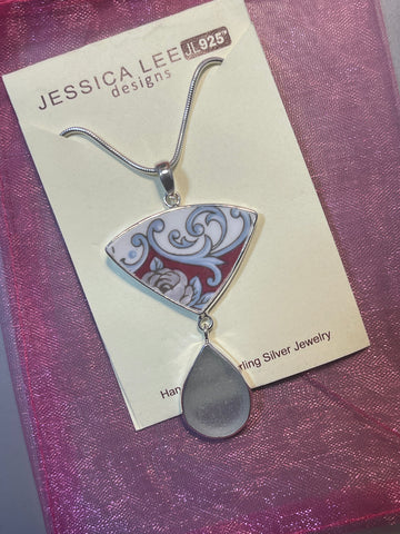 Blue Swirl  Vintage Pottery with Light Grey Sea Glass Double Pendant