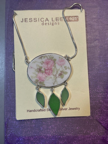 Pink Rose Vintage Pottery and Sea Glass Leaves Necklace
