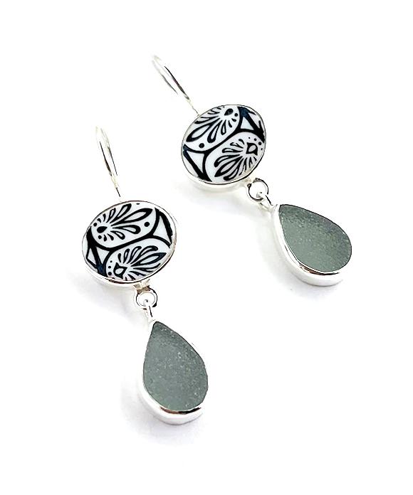 Black & White Patterned Vintage Pottery with Grey Sea Glass Double Drop Earrings