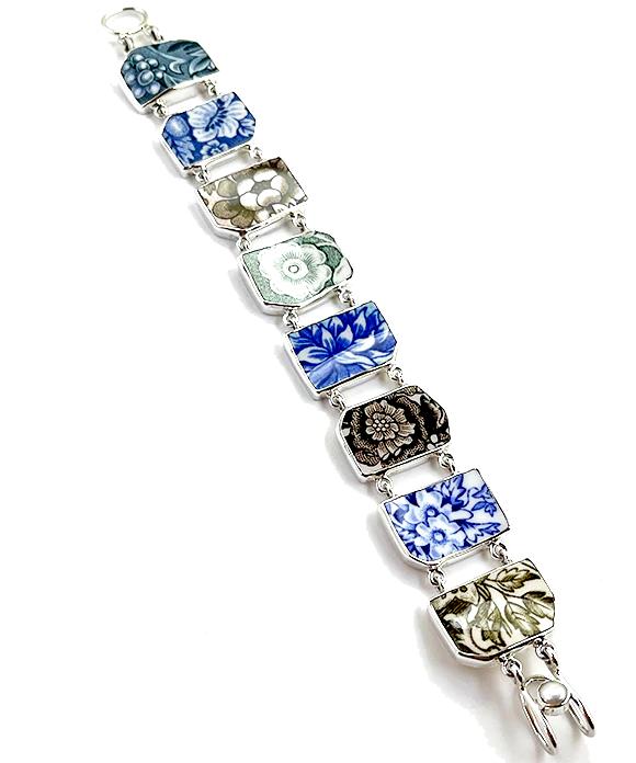 Blue, Brown, Green & White Flower Vintage Pottery Double Link Shard Bracelet - 7 1/2