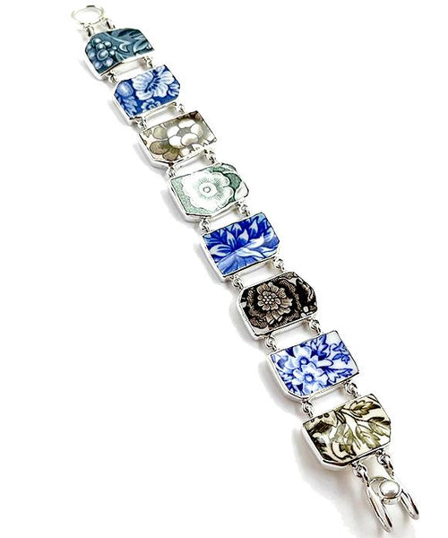 Blue, Brown, Green & White Flower Vintage Pottery Double Link Shard Bracelet - 7 1/2