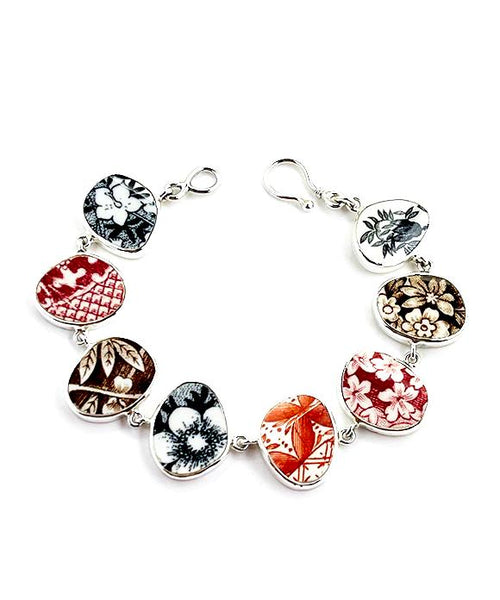 Black, Brown Red & Rust Patterned Vintage Pottery Natural Shape Bracelet - 7 3/4