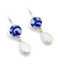 Blue & White Swirl Vintage Pottery with White Sea Glass Double Drop Earrings