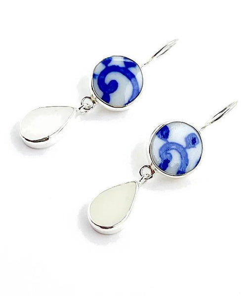 Blue & White Swirl Vintage Pottery with White Sea Glass Double Drop Earrings