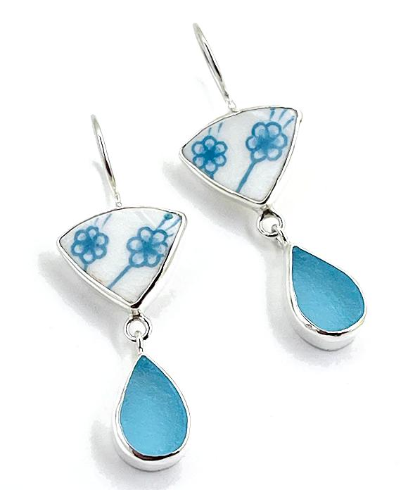 Aqua & White Flower Vintage Pottery with Aqua Sea Glass Double Drop Earrings