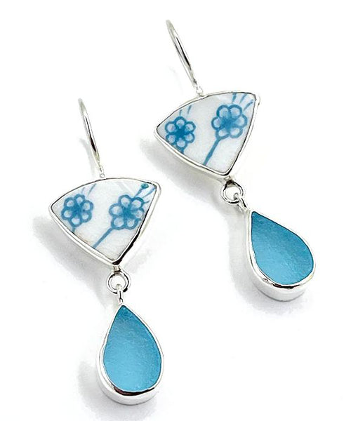 Aqua & White Flower Vintage Pottery with Aqua Sea Glass Double Drop Earrings