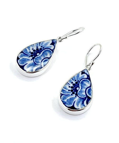 Blue & White Flower Vintage Pottery Single Drop Earrings
