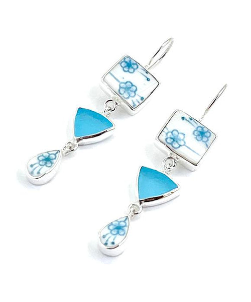 White & Aqua Flower Vintage Pottery with Aqua Sea Glass Triple Drop Earrings