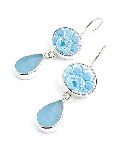 Aqua & White Flower Vintage Pottery &  Light Aqua Sea Glass Double Drop Earrings