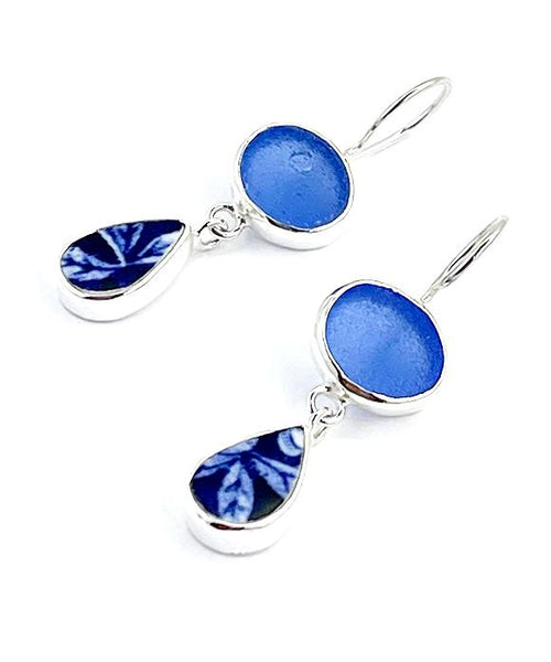 Blue Sea Glass with Blue & White Vintage Pottery Double Drop Earrings