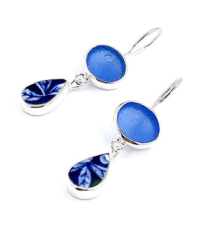 Blue Sea Glass with Blue & White Vintage Pottery Double Drop Earrings