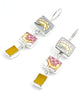 Yellow Flower & Pink Pattern Vintage Pottery with Amber Sea Glass Triple Drop Earrings