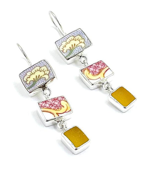 Yellow Flower & Pink Pattern Vintage Pottery with Amber Sea Glass Triple Drop Earrings