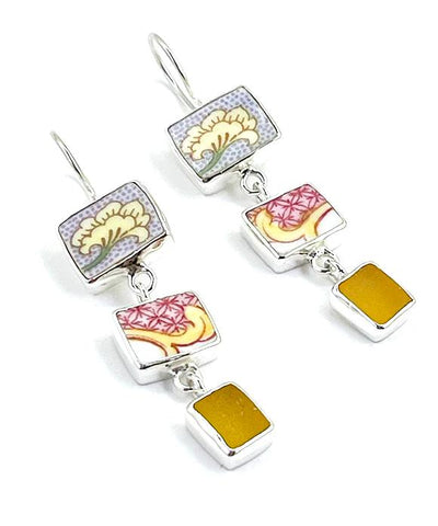 Yellow Flower & Pink Pattern Vintage Pottery with Amber Sea Glass Triple Drop Earrings