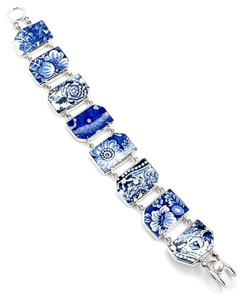 Blue & White Flower Vintage Pottery Double Link Shard Bracelet - 8
